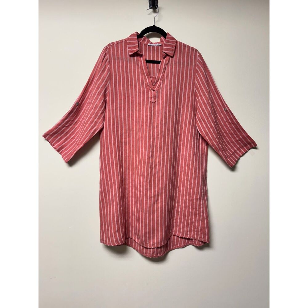 TEMPO PARIS 100% Linen Terra Cotta/White Stripe Shirt Dress, Roll Tab, Sz S/M